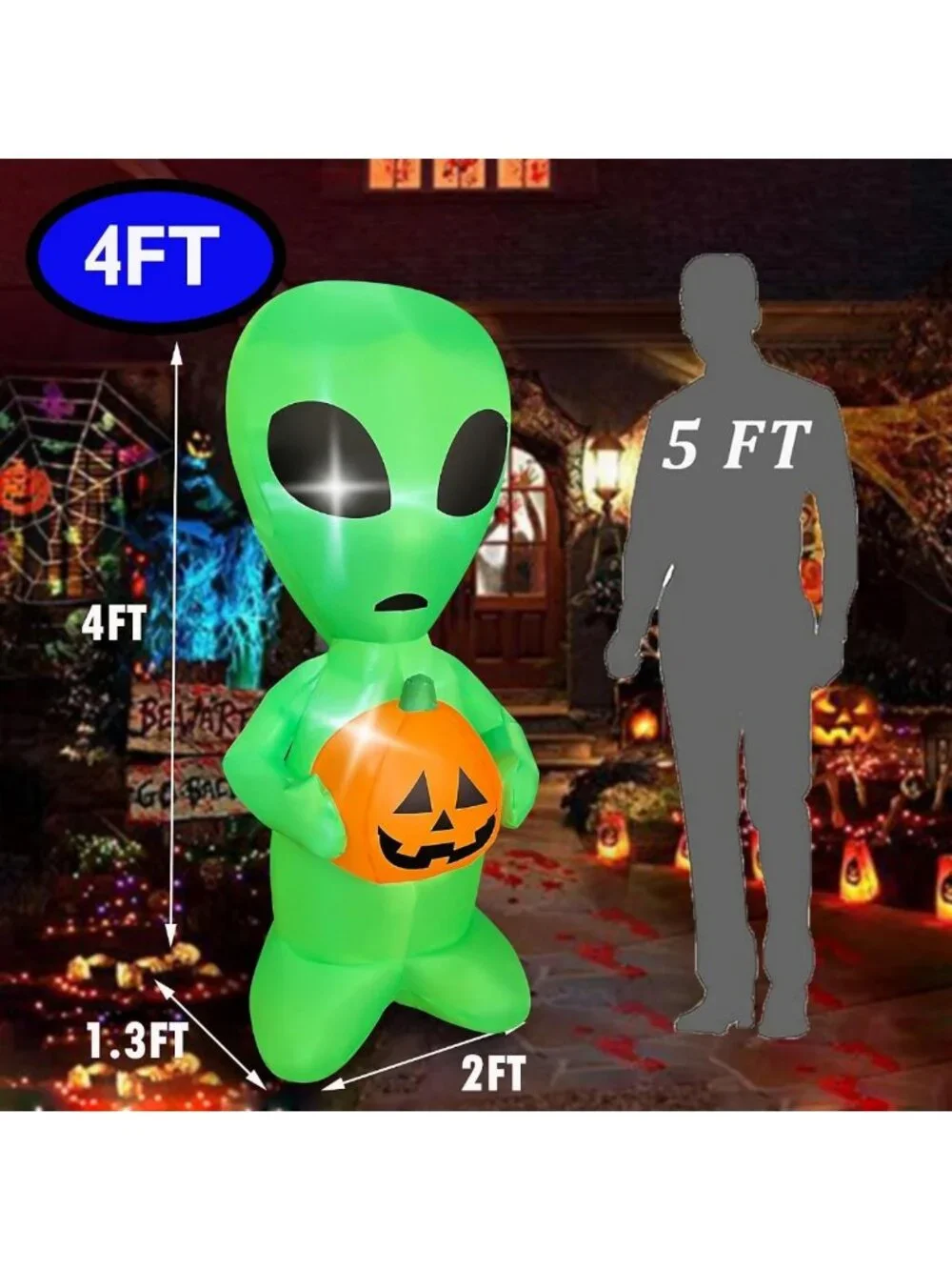 4 FT Halloween Inflatable Alien & Pumpkin - LED Lighted Yard Decor for Parties